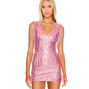 NWT Superdown Revolve Carly Fringe Mini Dress in Pink XS